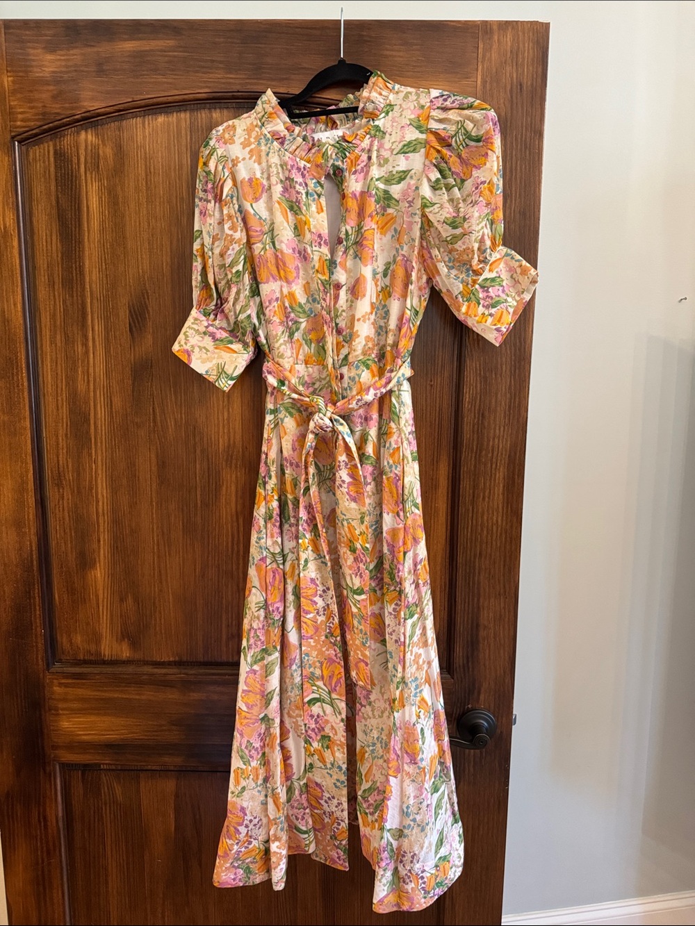 Floral Tie-Waist Midi Dress in Pink and Orange